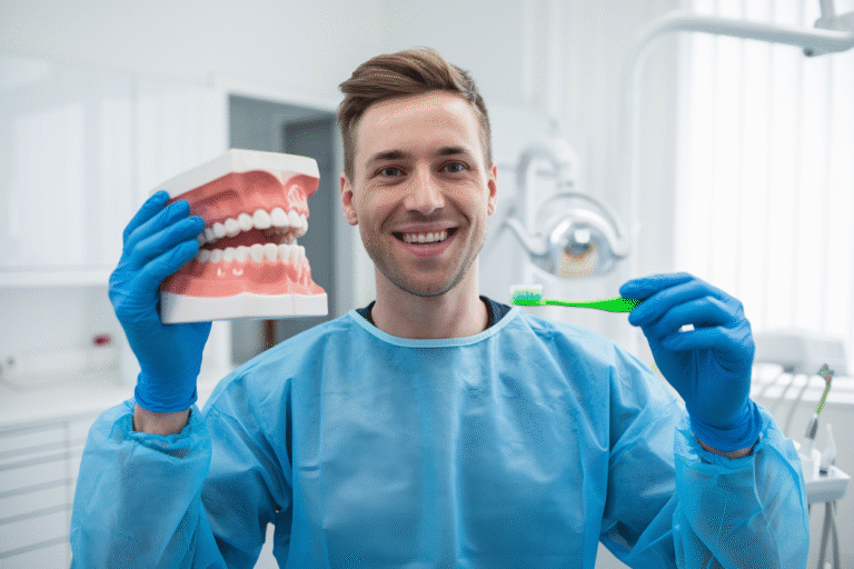 A dentist holding a tooth model and toothbrush