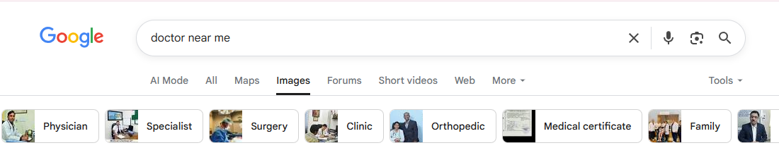 Google search results page with the query “doctor near me” typed into the search bar