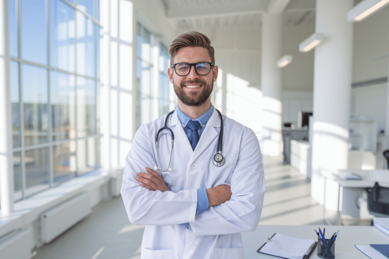 A confident male doctor wearing a white coat and stethoscope, standing with arms crossed in a bright, modern medical office