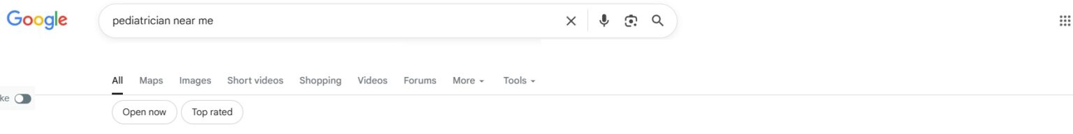 A Google search results page with the query “pediatrician near me” typed into the search bar
