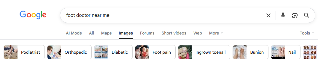 Google search results page showing the query “foot doctor near me” with related image categories
