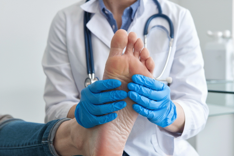 Podiatrist wearing blue gloves and white coat examining a patient’s foot during a medical check-up in a clinic