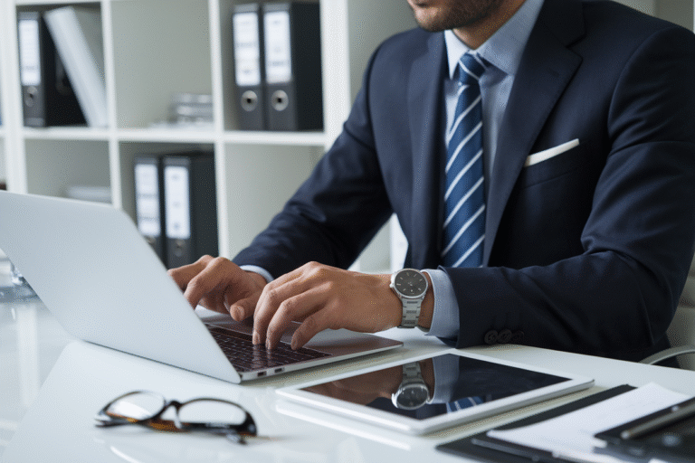 rofessional SEO consultant in a business suit working on a laptop at a modern office desk with tablet, glasses, and documents.