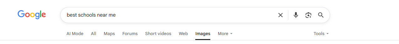 Google search bar with the query “best schools near me” entered, showing the Images tab selected in the results page.