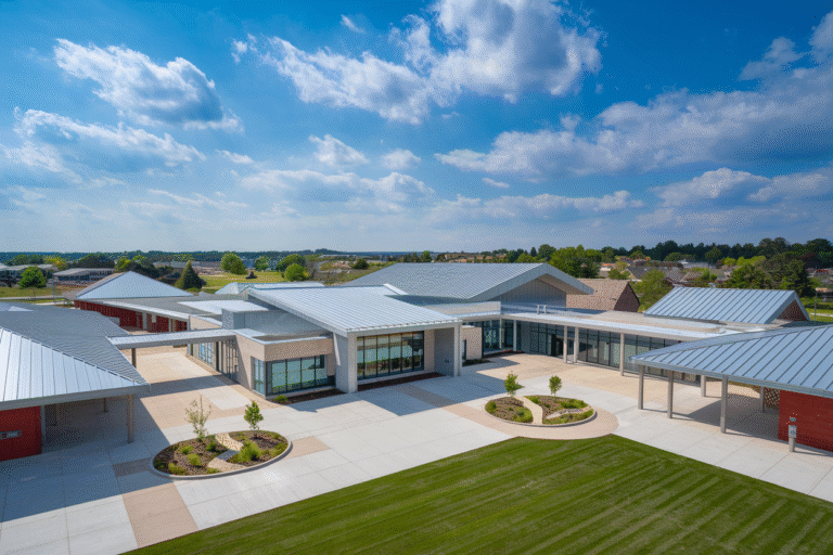 Modern school building exterior with metal roof, landscaped courtyard, and clear blue sky