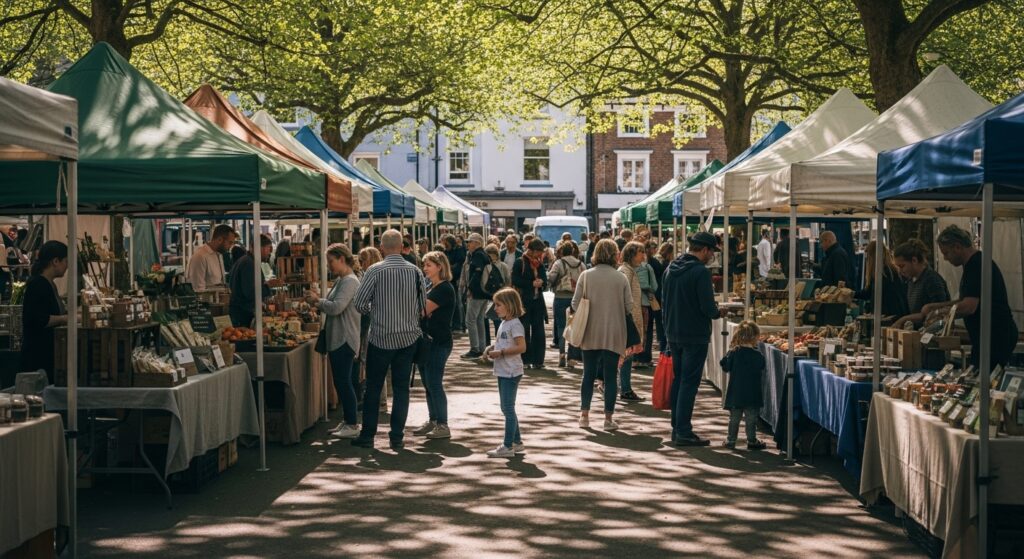 Outdoor market with different stalls