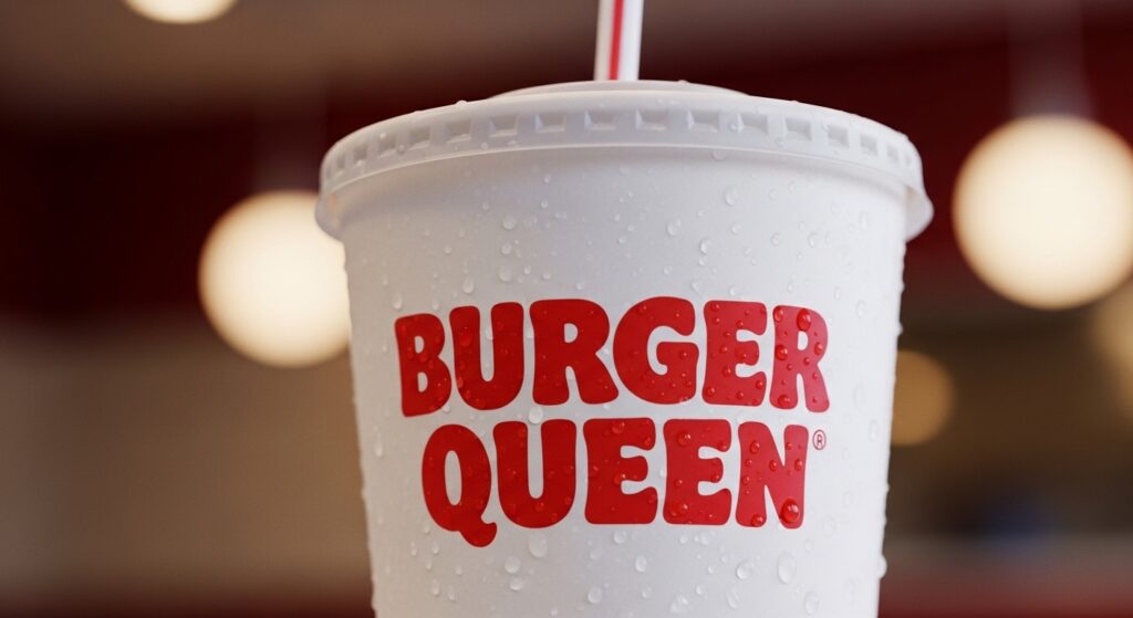 The cup has bold red text printed on it that reads BURGER QUEEN in a playful, retro fast-food font