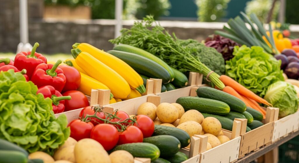 A colorful outdoor farmer’s market stand displaying a variety of fresh local vegetables