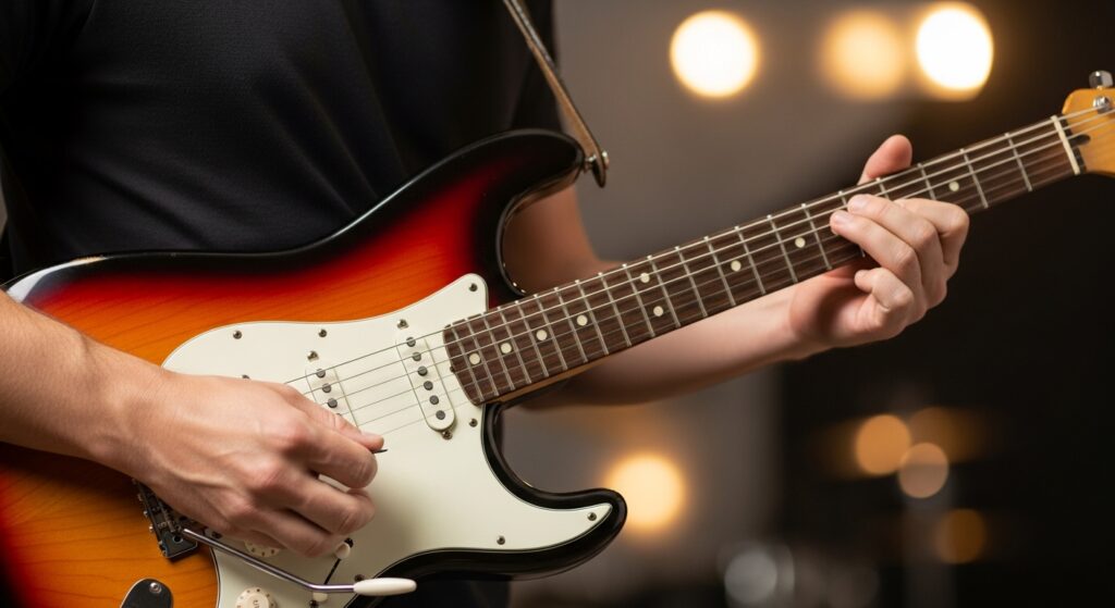 A man playing an electrical guitar